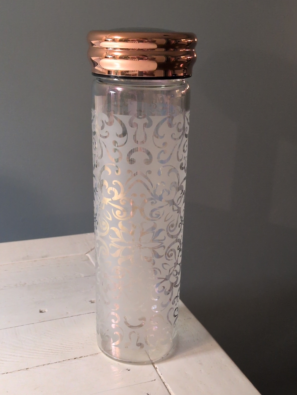 Decorative Glass Vase with Rose Gold Lid - White Filigree